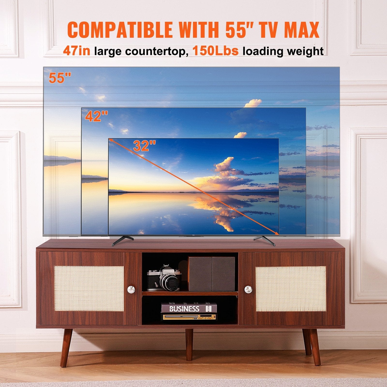 VEVOR Rattan TV Stand for 55" TV Entertainment Center with Rattan Door Walnut 