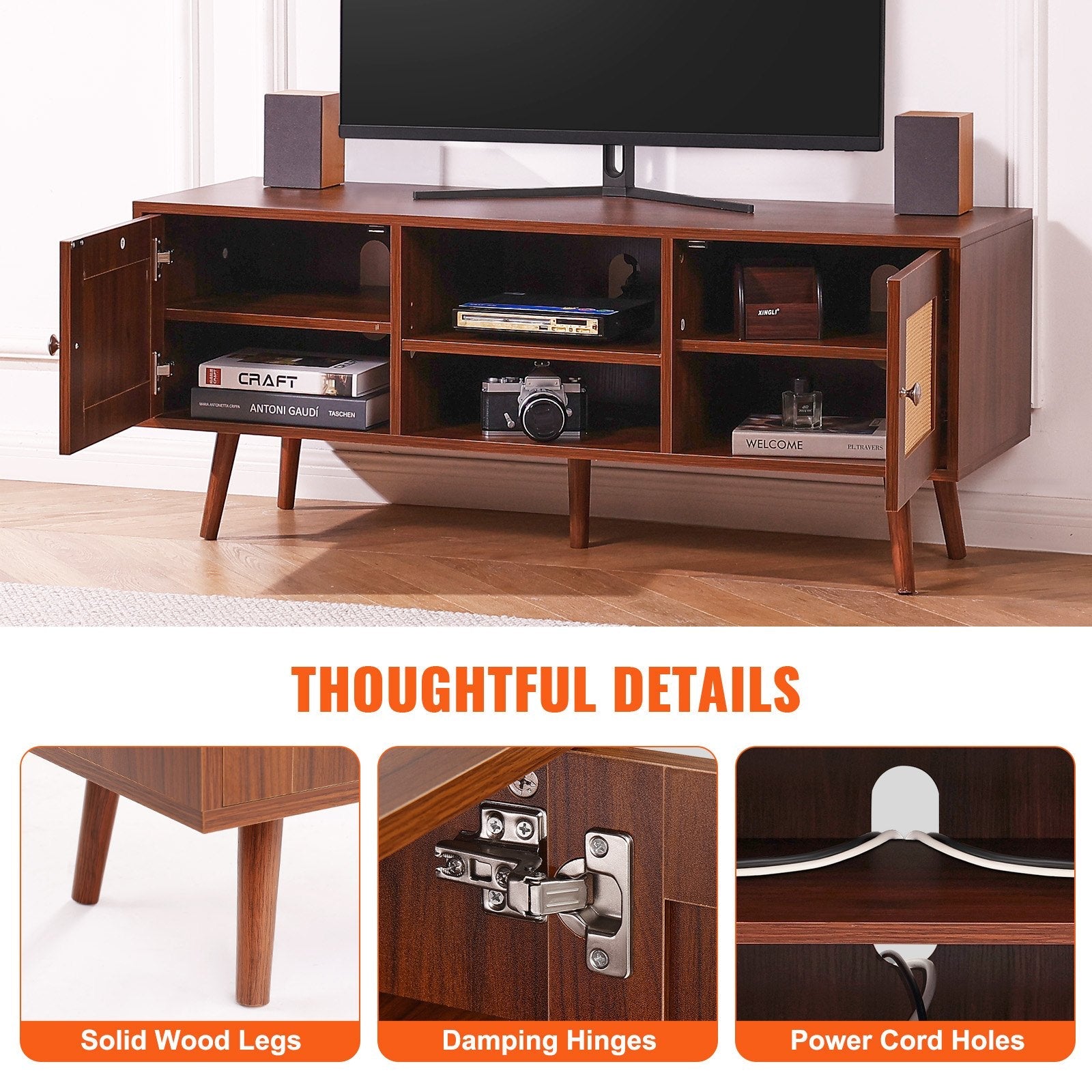 VEVOR Rattan TV Stand for 55" TV Entertainment Center with Rattan Door Walnut 