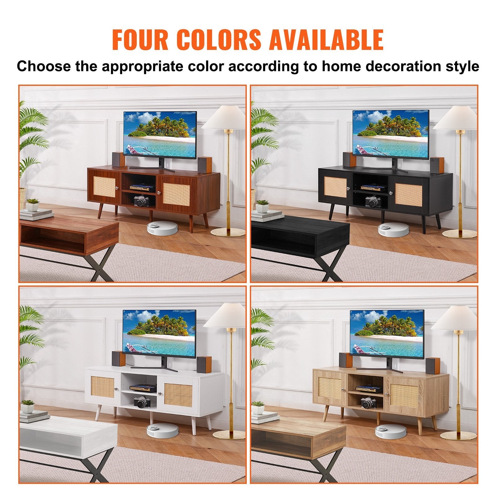 VEVOR Rattan TV Stand for 55" TV Entertainment Center with Rattan Door Walnut 