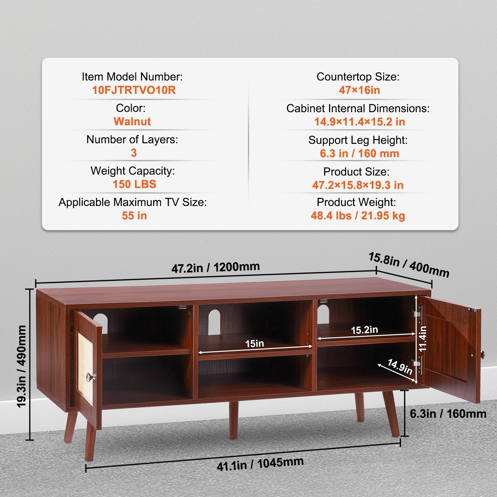 VEVOR Rattan TV Stand for 55" TV Entertainment Center with Rattan Door Walnut 