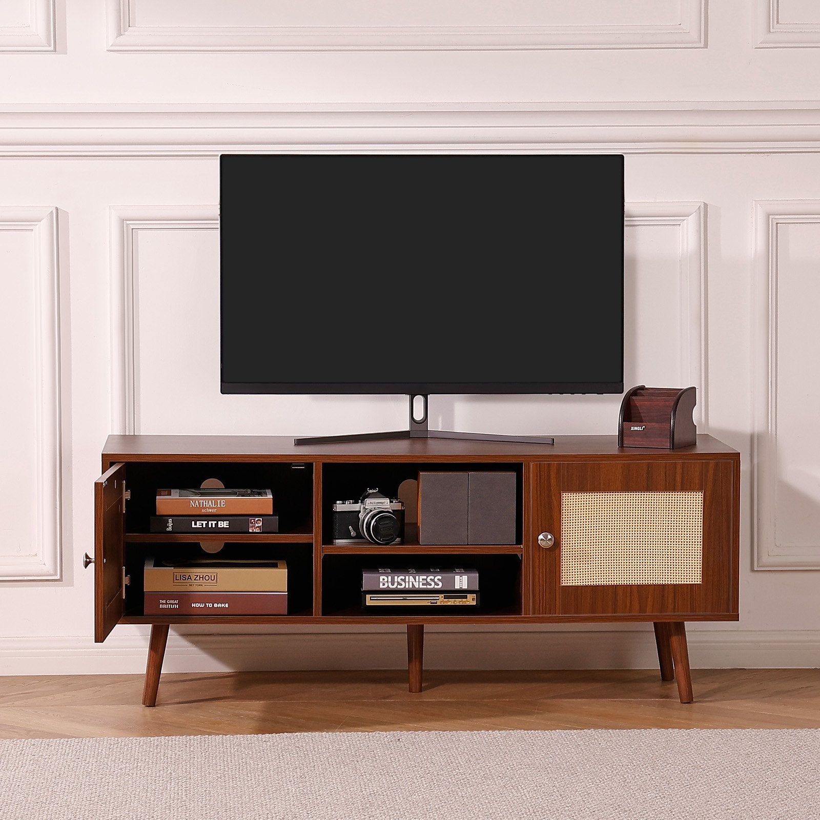 VEVOR Rattan TV Stand for 55" TV Entertainment Center with Rattan Door Walnut 