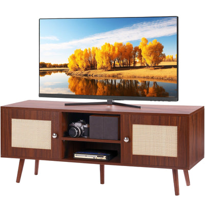 VEVOR Rattan TV Stand for 55" TV Entertainment Center with Rattan Door Walnut 