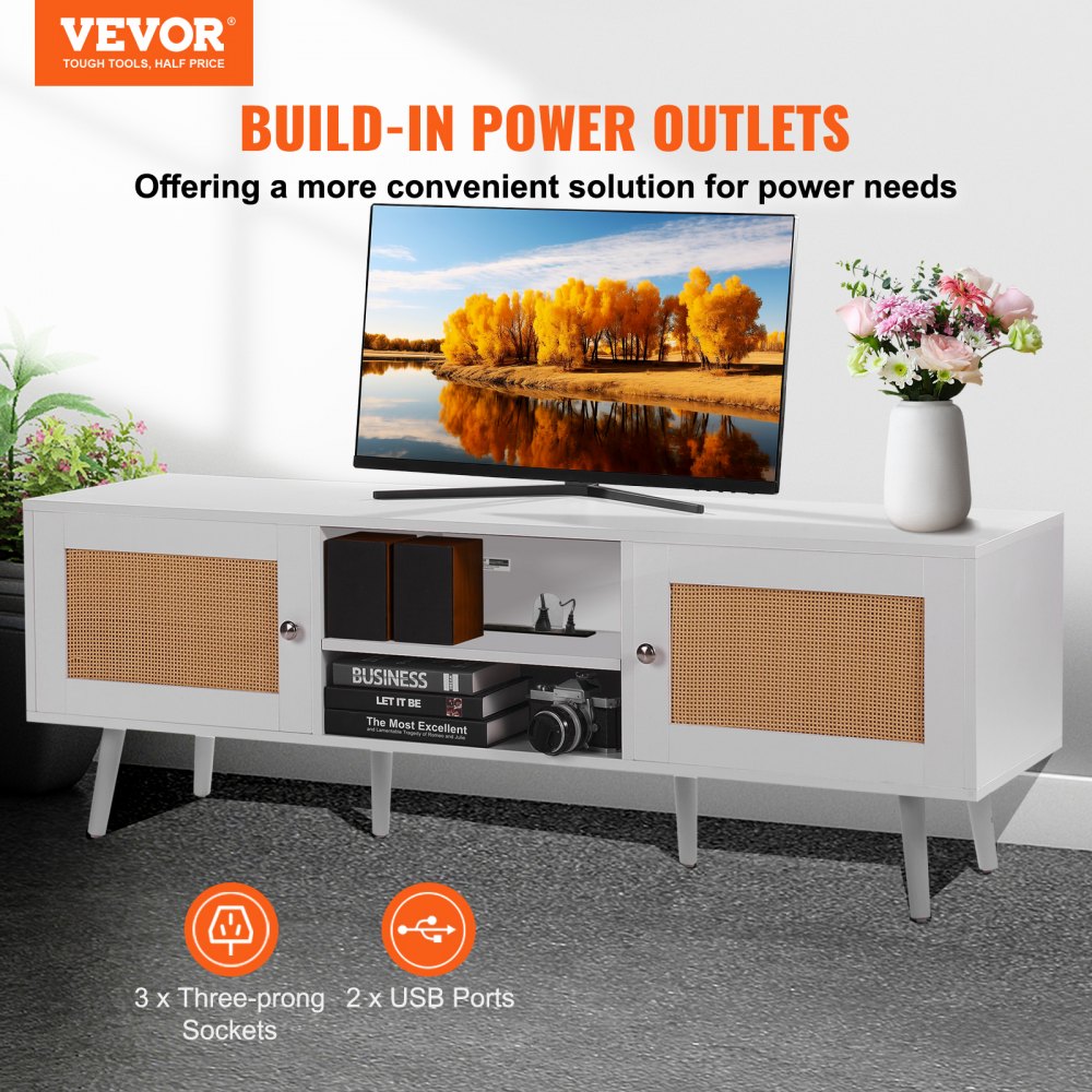 VEVOR Rattan TV Stand for 65" TV Boho TV Stand with Build-in Socket White 