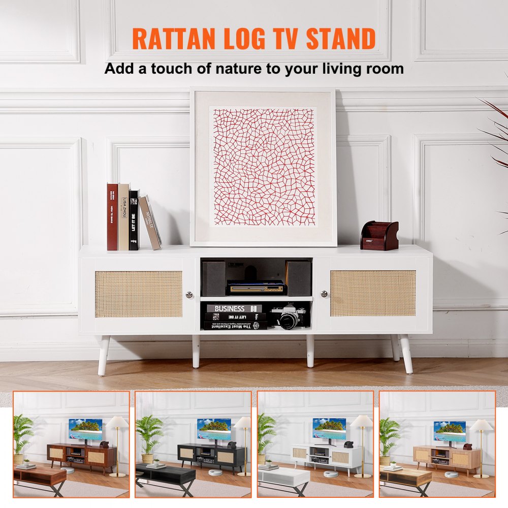 VEVOR Rattan TV Stand for 65" TV Boho TV Stand with Build-in Socket White 