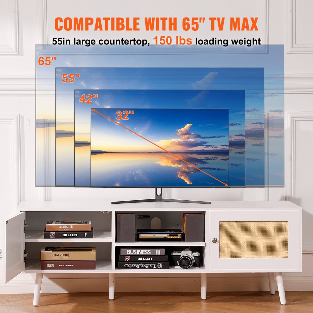 VEVOR Rattan TV Stand for 65" TV Boho TV Stand with Build-in Socket White 