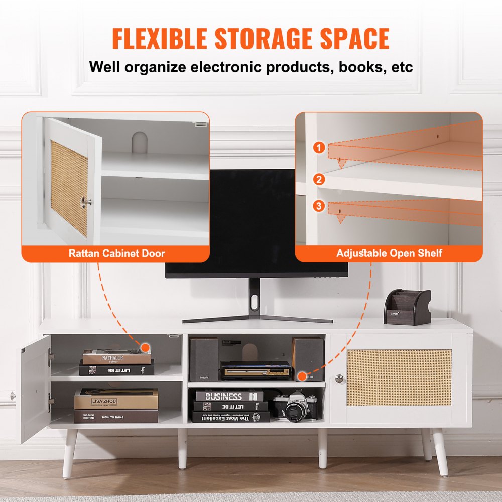 VEVOR Rattan TV Stand for 65" TV Boho TV Stand with Build-in Socket White 