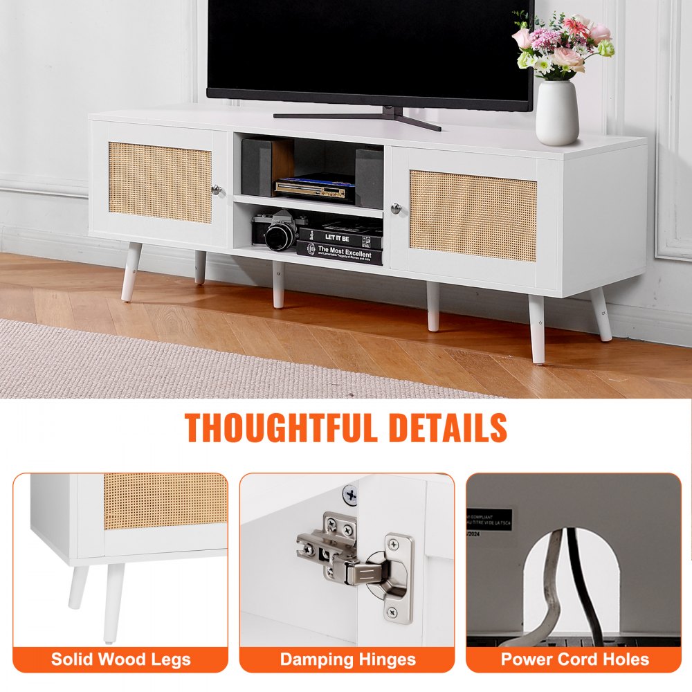 VEVOR Rattan TV Stand for 65" TV Boho TV Stand with Build-in Socket White 