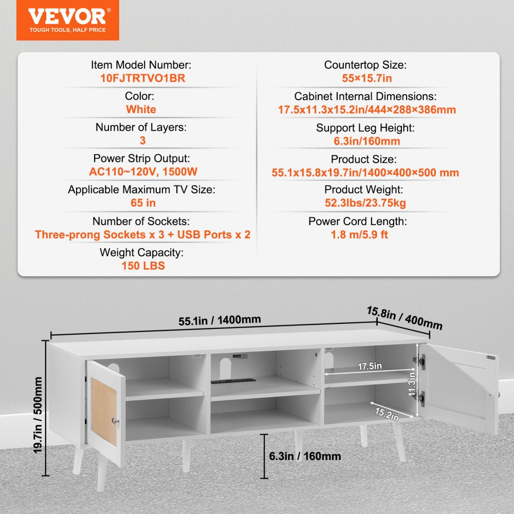 VEVOR Rattan TV Stand for 65" TV Boho TV Stand with Build-in Socket White 