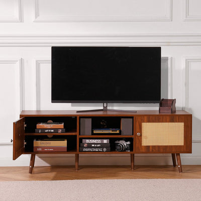 VEVOR Rattan TV Stand for 65" TV Boho TV Stand with Build-in Socket Walnut 
