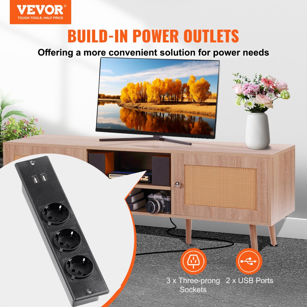 VEVOR Rattan TV Stand for 65" TV Boho TV Stand with Build-in Socket Oak 