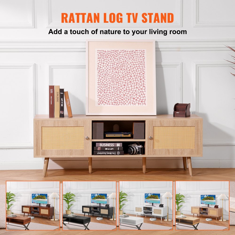 VEVOR Rattan TV Stand for 65" TV Boho TV Stand with Build-in Socket Oak 