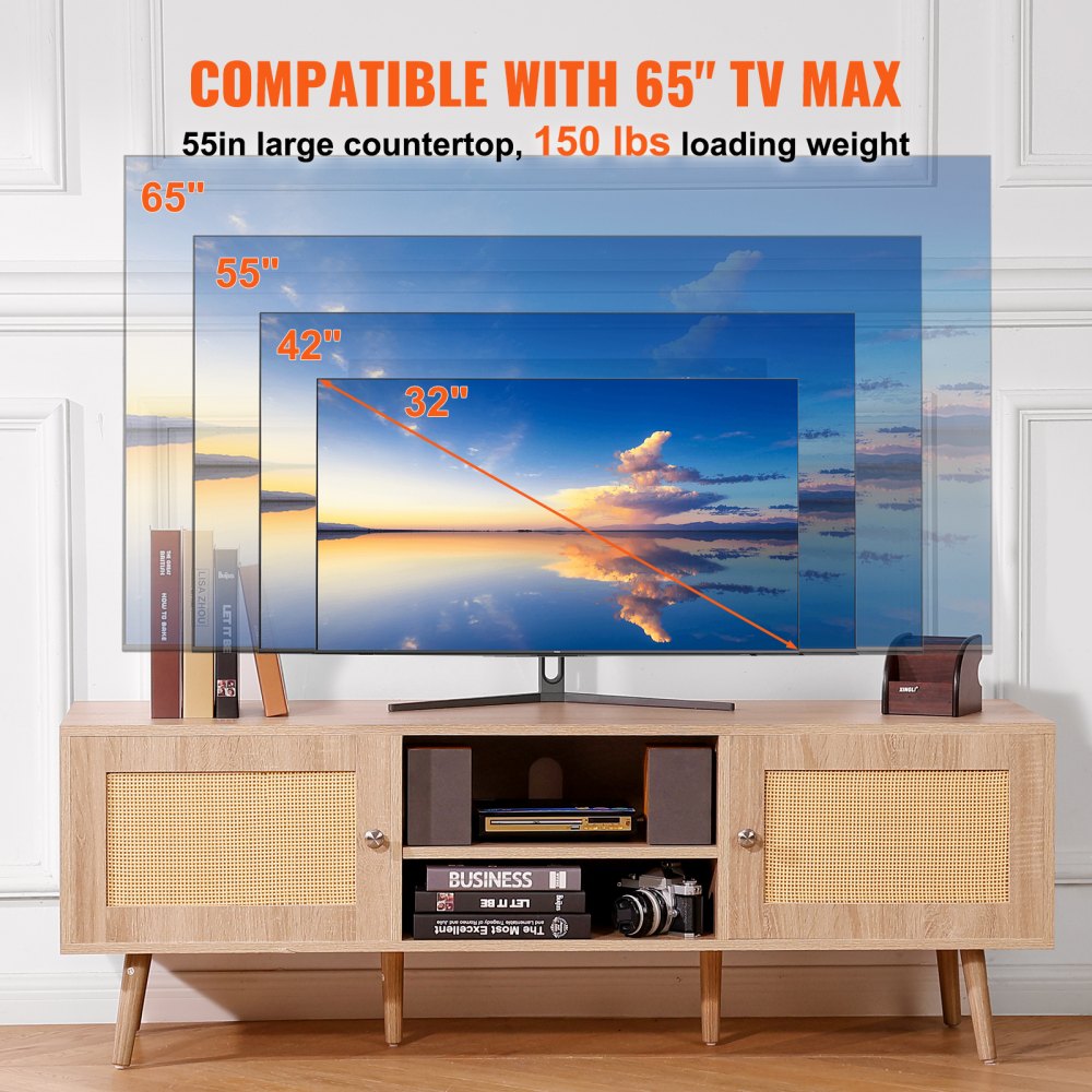 VEVOR Rattan TV Stand for 65" TV Boho TV Stand with Build-in Socket Oak 