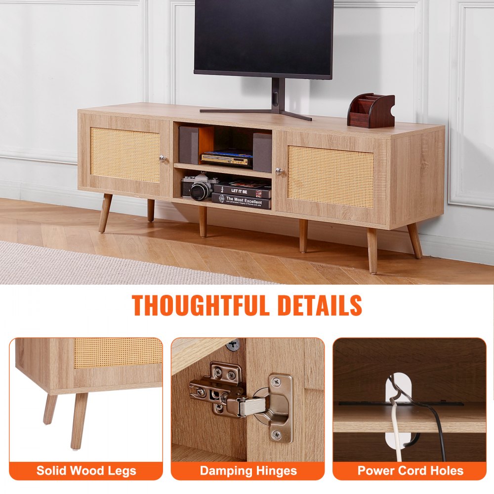 VEVOR Rattan TV Stand for 65" TV Boho TV Stand with Build-in Socket Oak 