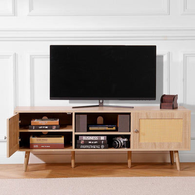 VEVOR Rattan TV Stand for 65" TV Boho TV Stand with Build-in Socket Oak 