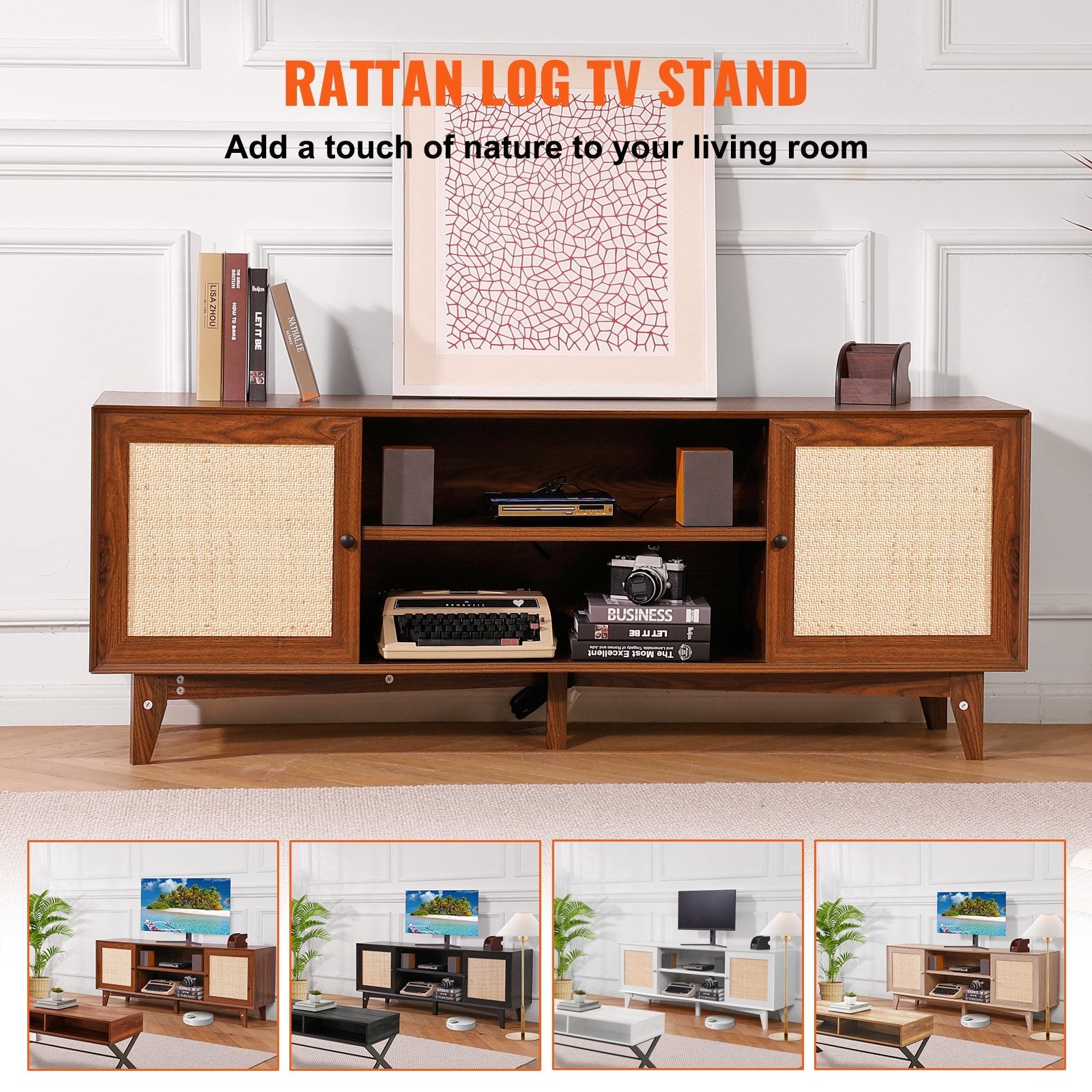 VEVOR Rattan TV Stand for 75" TV Boho TV Stand with Build-in Socket Walnut 