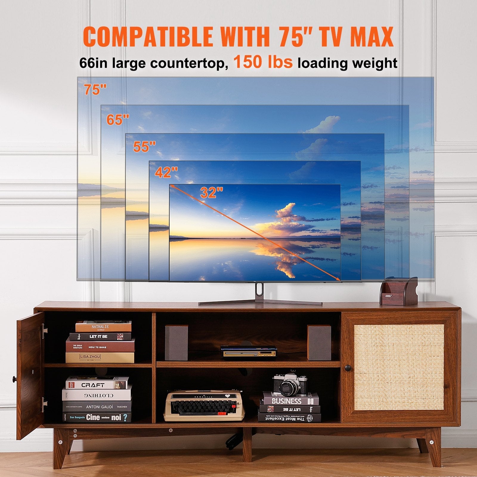 VEVOR Rattan TV Stand for 75" TV Boho TV Stand with Build-in Socket Walnut 
