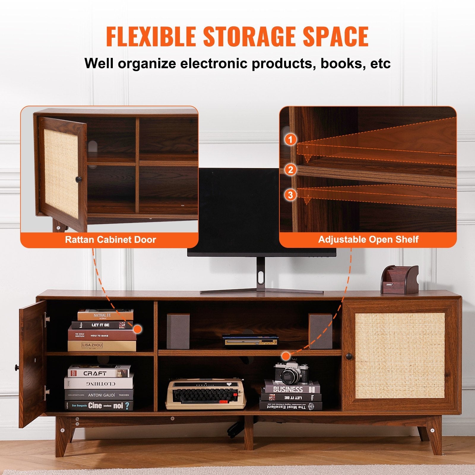 VEVOR Rattan TV Stand for 75" TV Boho TV Stand with Build-in Socket Walnut 