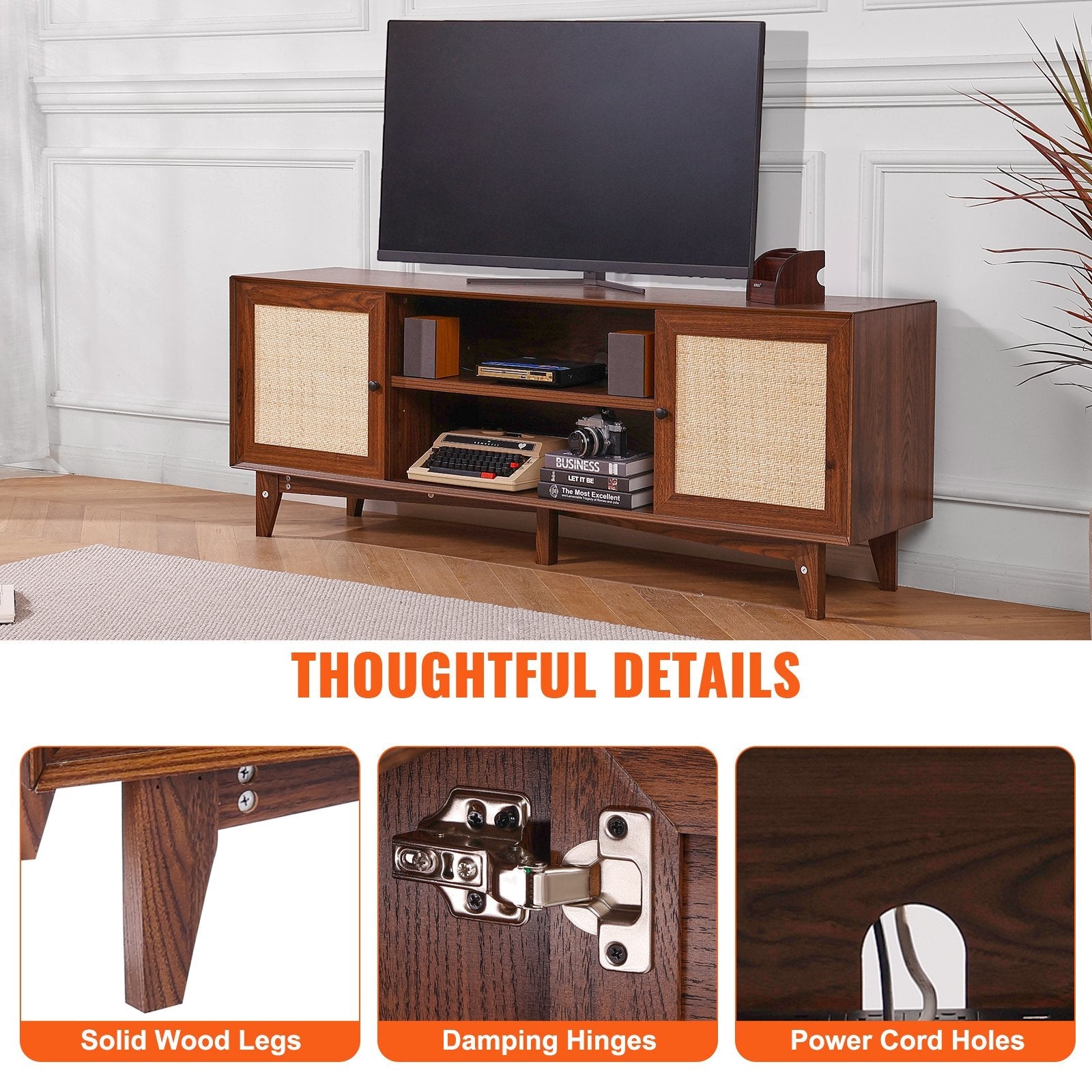 VEVOR Rattan TV Stand for 75" TV Boho TV Stand with Build-in Socket Walnut 
