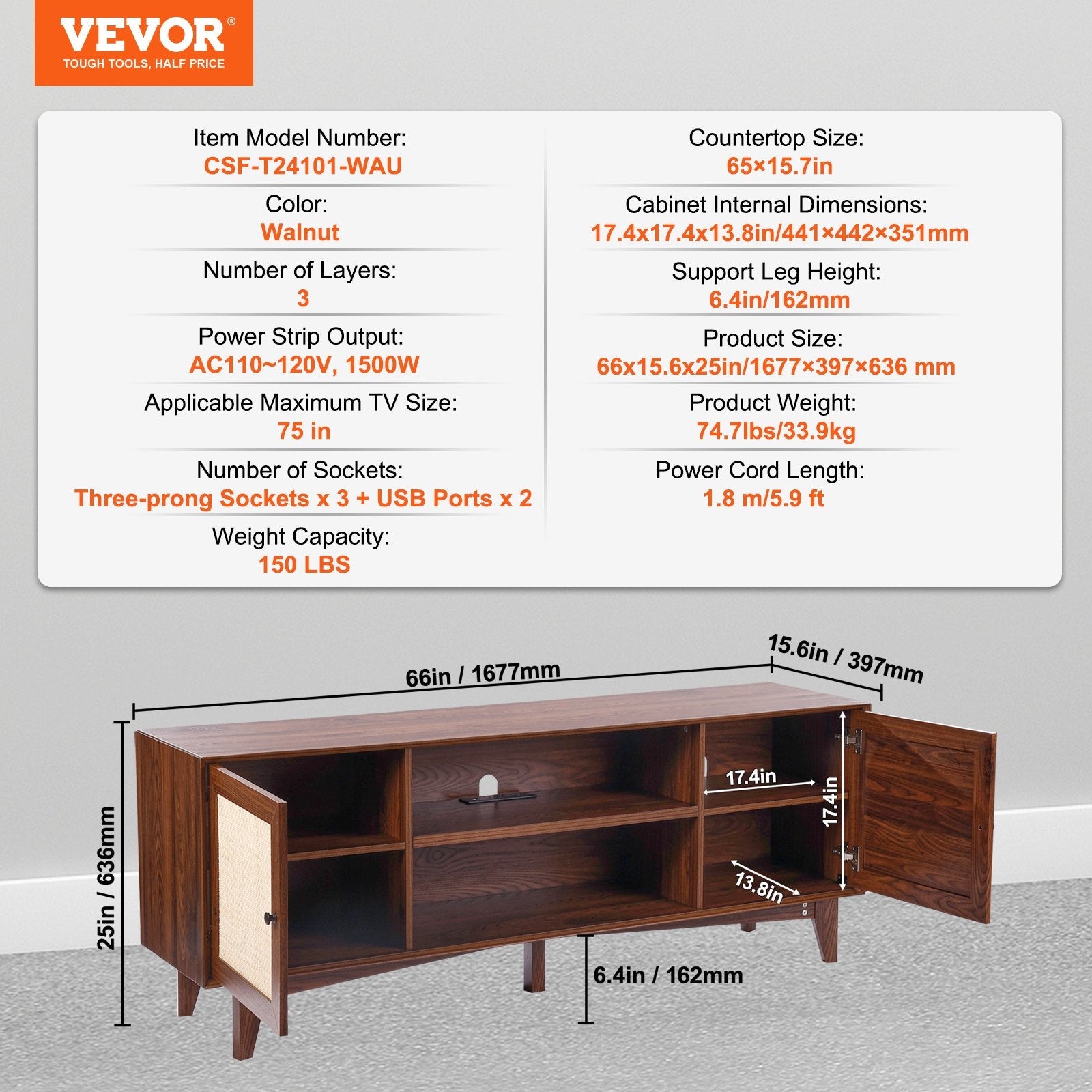 VEVOR Rattan TV Stand for 75" TV Boho TV Stand with Build-in Socket Walnut 