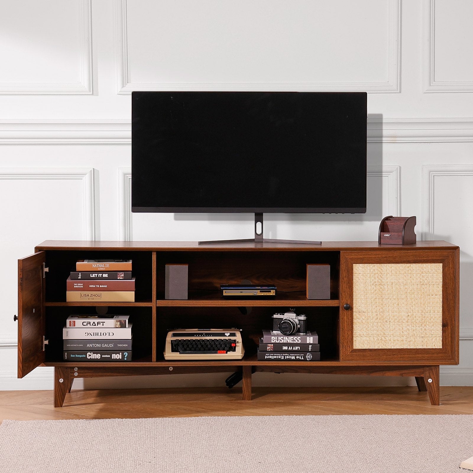 VEVOR Rattan TV Stand for 75" TV Boho TV Stand with Build-in Socket Walnut 