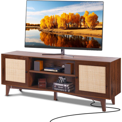VEVOR Rattan TV Stand for 75" TV Boho TV Stand with Build-in Socket Walnut 