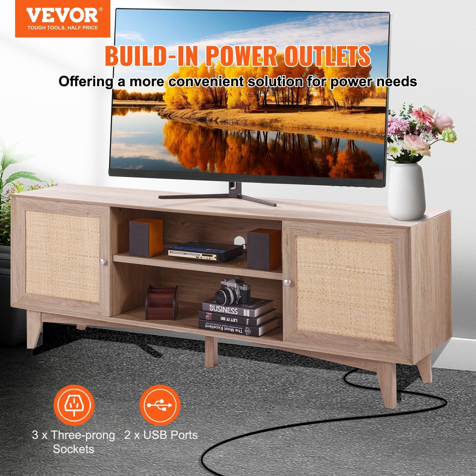 VEVOR Rattan TV Stand for 75" TV Boho TV Stand with Build-in Socket Oak 