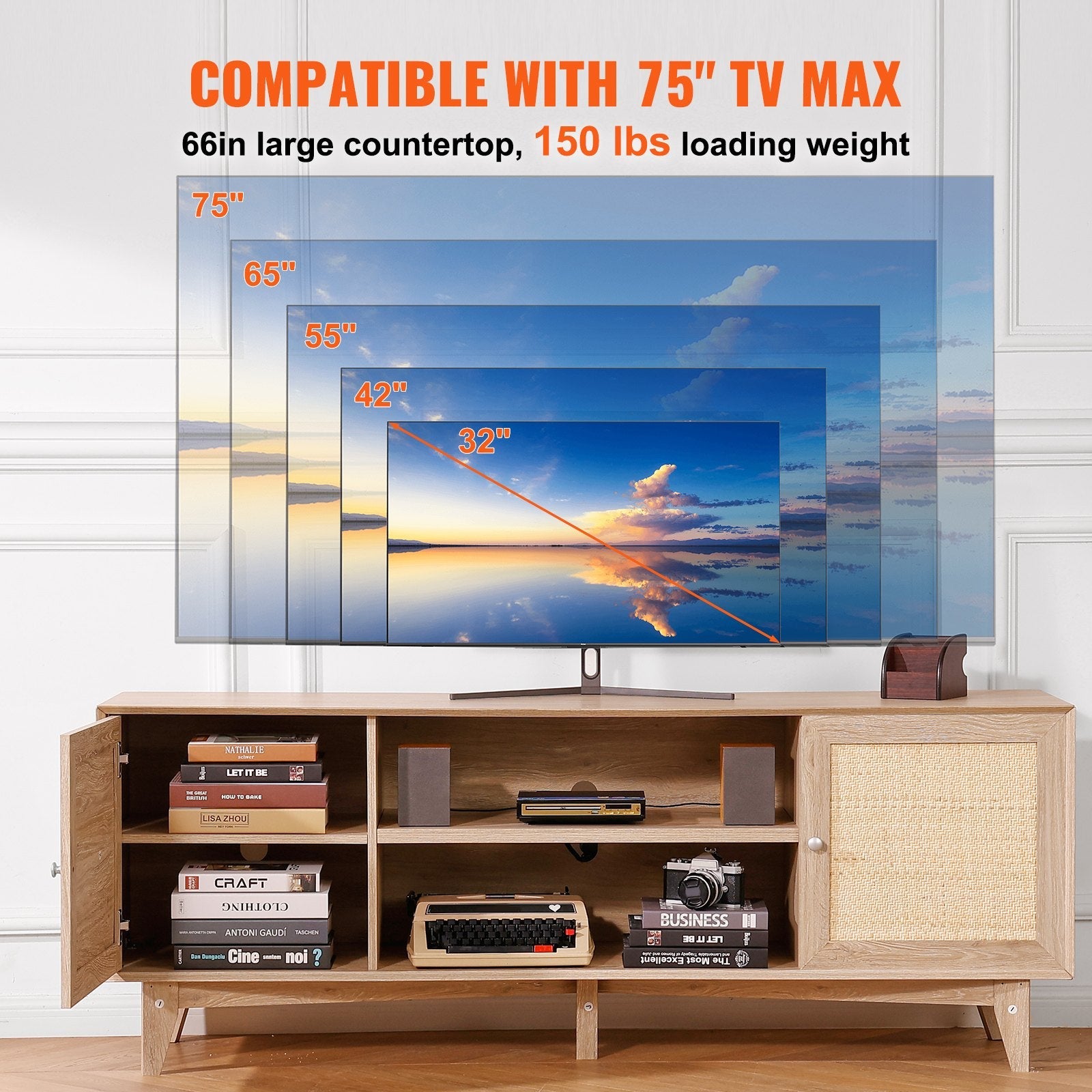 VEVOR Rattan TV Stand for 75" TV Boho TV Stand with Build-in Socket Oak 