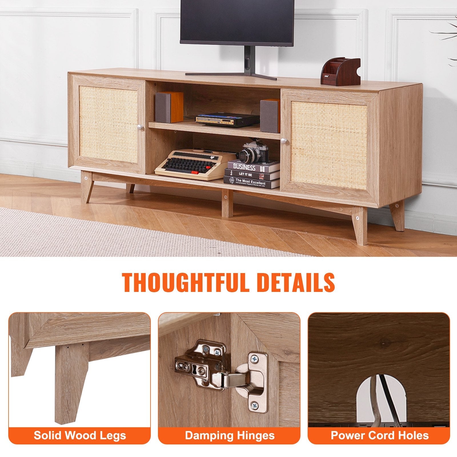 VEVOR Rattan TV Stand for 75" TV Boho TV Stand with Build-in Socket Oak 