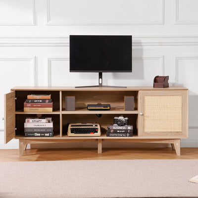 VEVOR Rattan TV Stand for 75" TV Boho TV Stand with Build-in Socket Oak 
