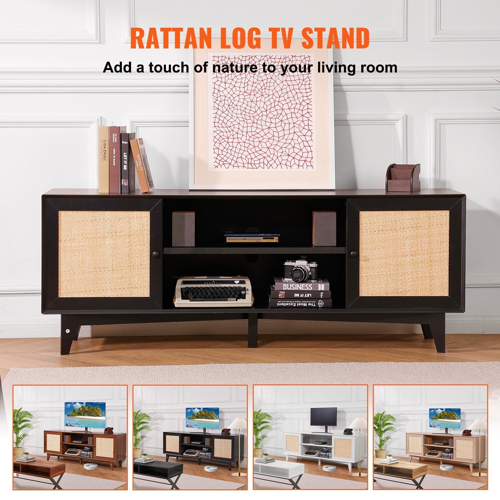 VEVOR Rattan TV Stand for 75" TV Boho TV Stand with Build-in Socket Black 