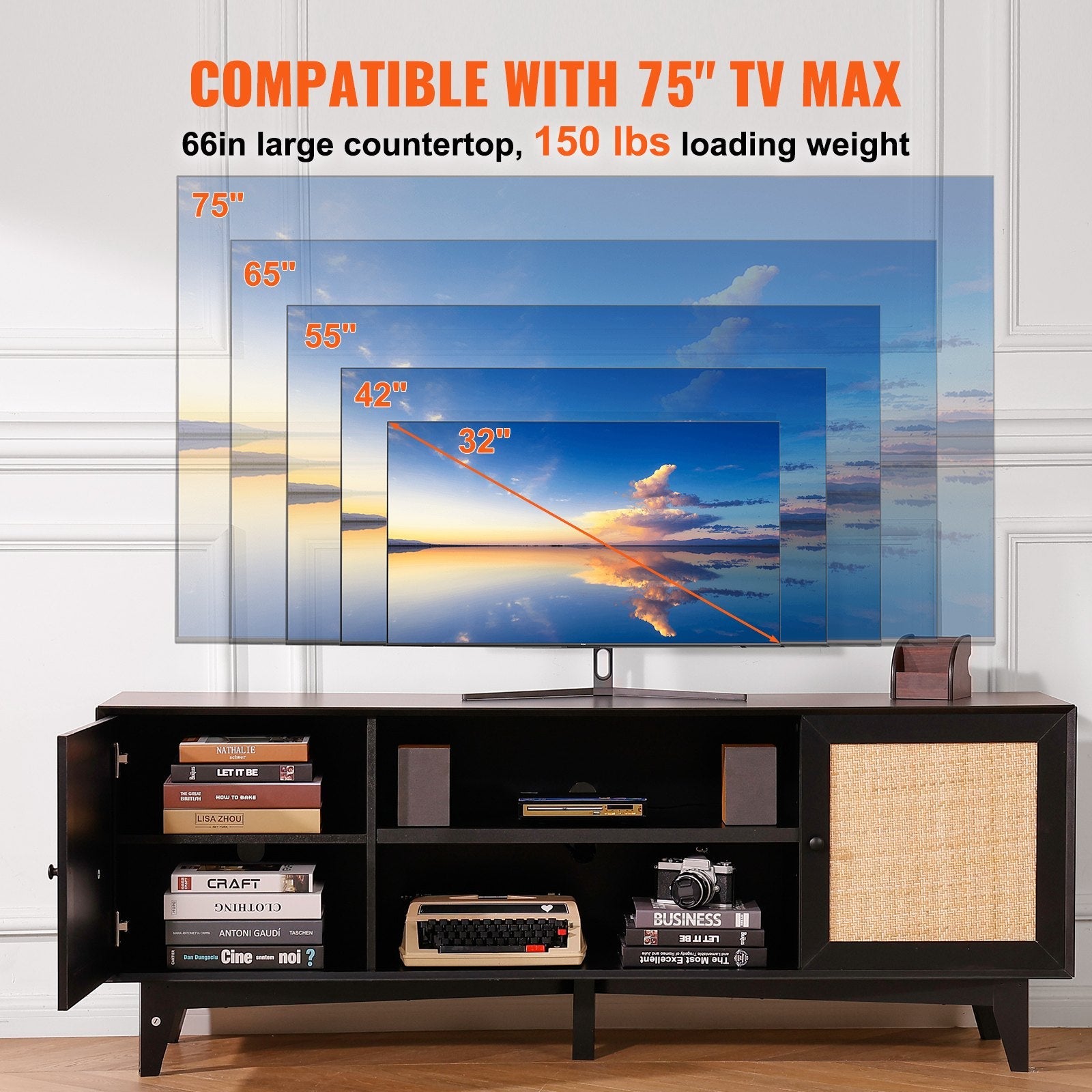 VEVOR Rattan TV Stand for 75" TV Boho TV Stand with Build-in Socket Black 