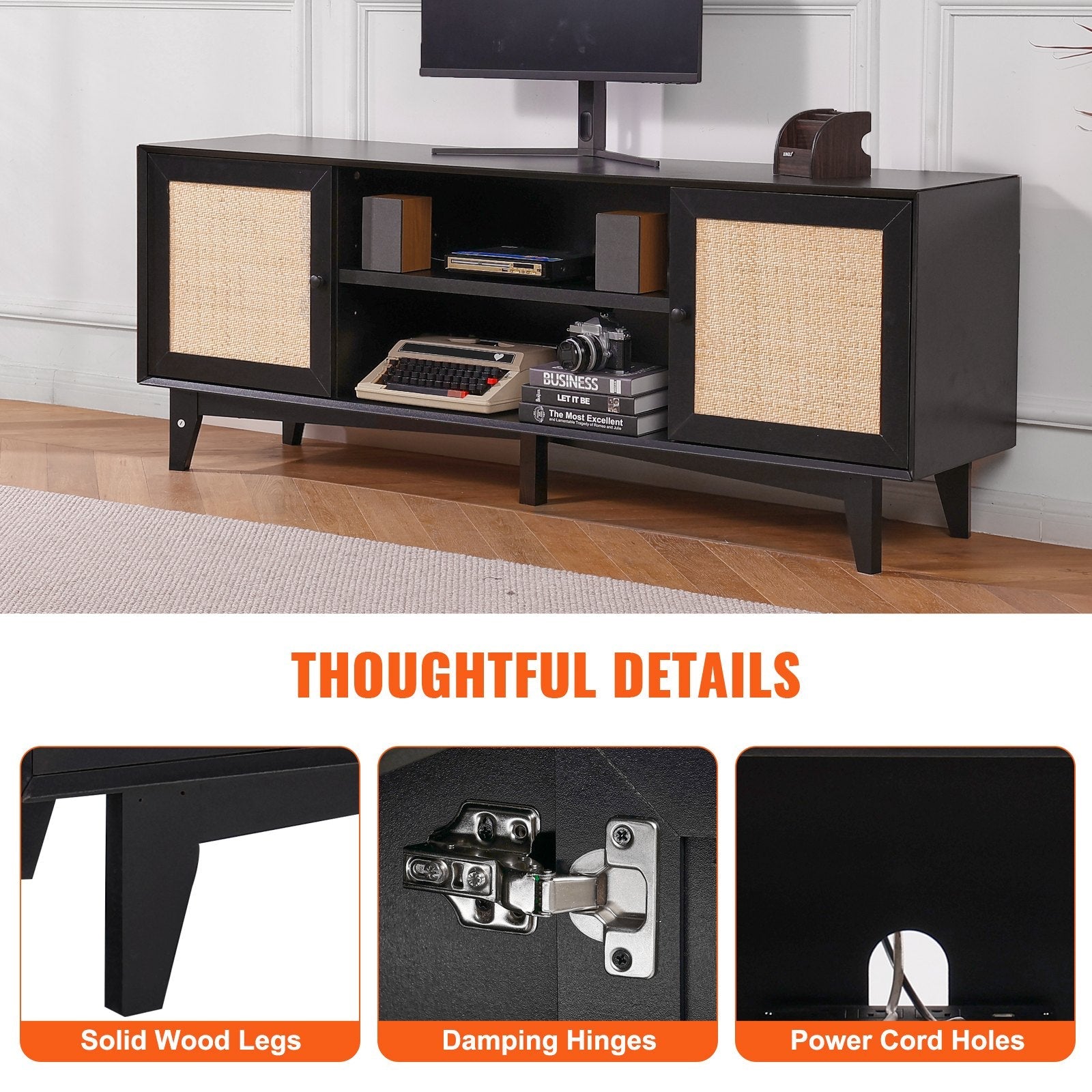 VEVOR Rattan TV Stand for 75" TV Boho TV Stand with Build-in Socket Black 