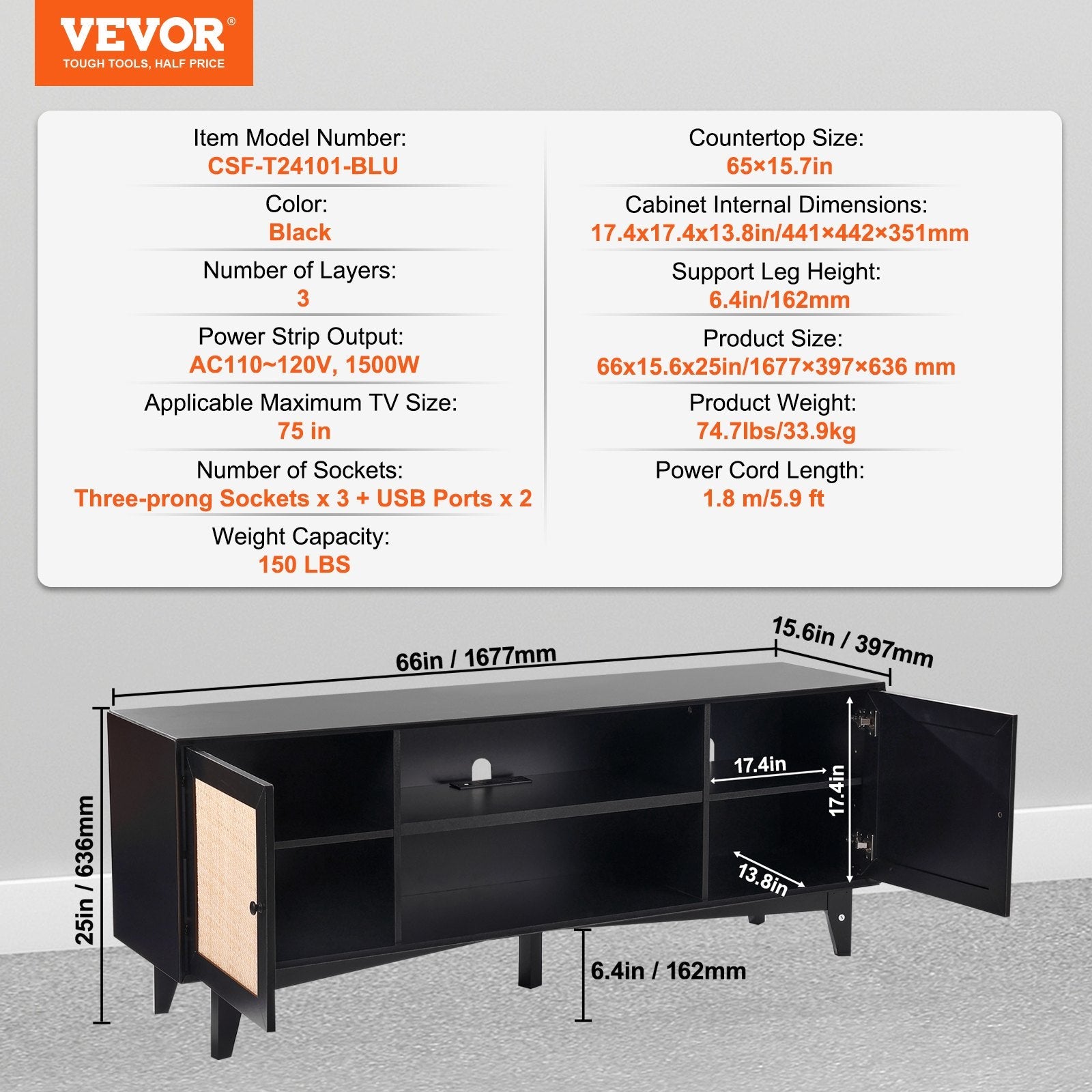 VEVOR Rattan TV Stand for 75" TV Boho TV Stand with Build-in Socket Black 