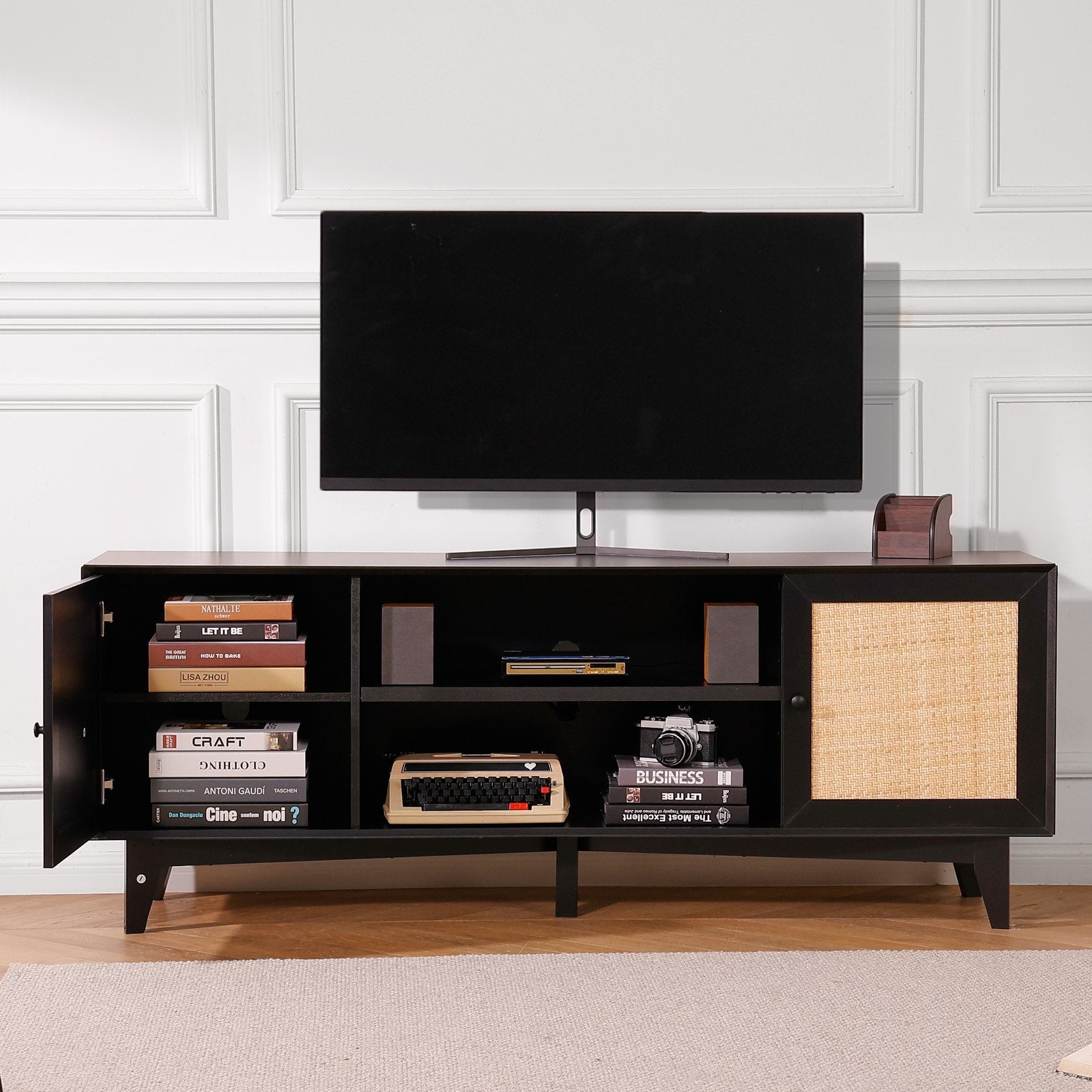 VEVOR Rattan TV Stand for 75" TV Boho TV Stand with Build-in Socket Black 
