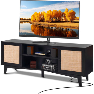 VEVOR Rattan TV Stand for 75" TV Boho TV Stand with Build-in Socket Black 