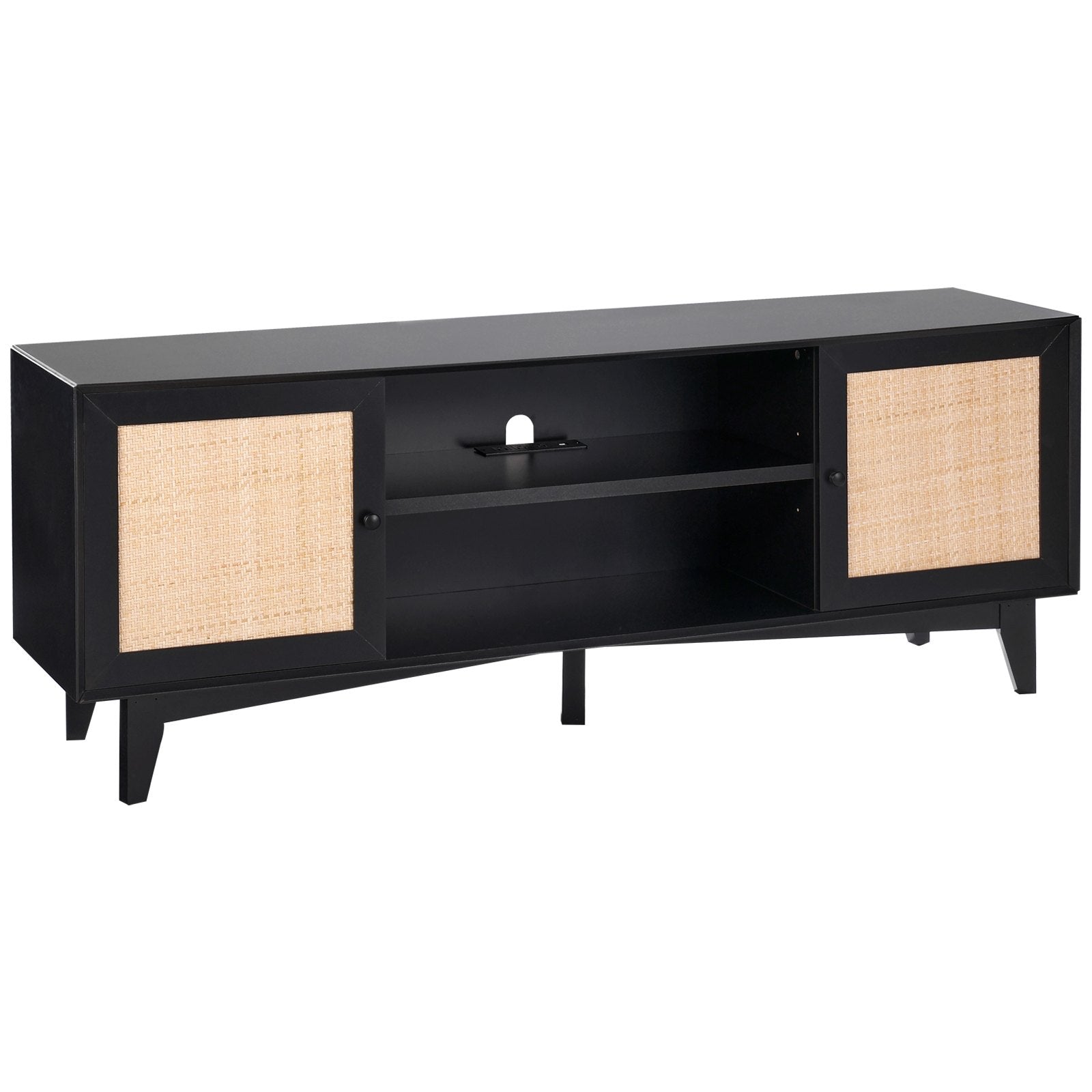 VEVOR Rattan TV Stand for 75" TV Boho TV Stand with Build-in Socket Black 