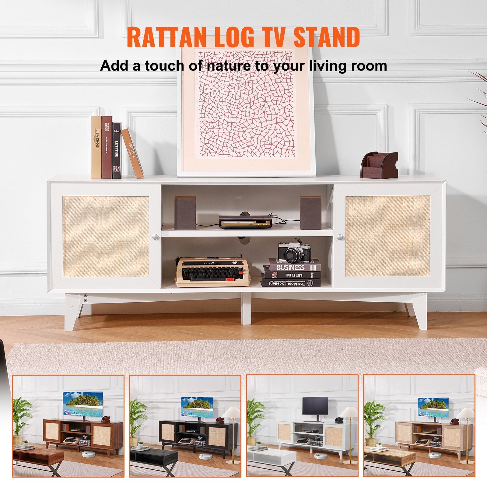 VEVOR Rattan TV Stand for 75" TV Boho TV Stand with Build-in Socket White 