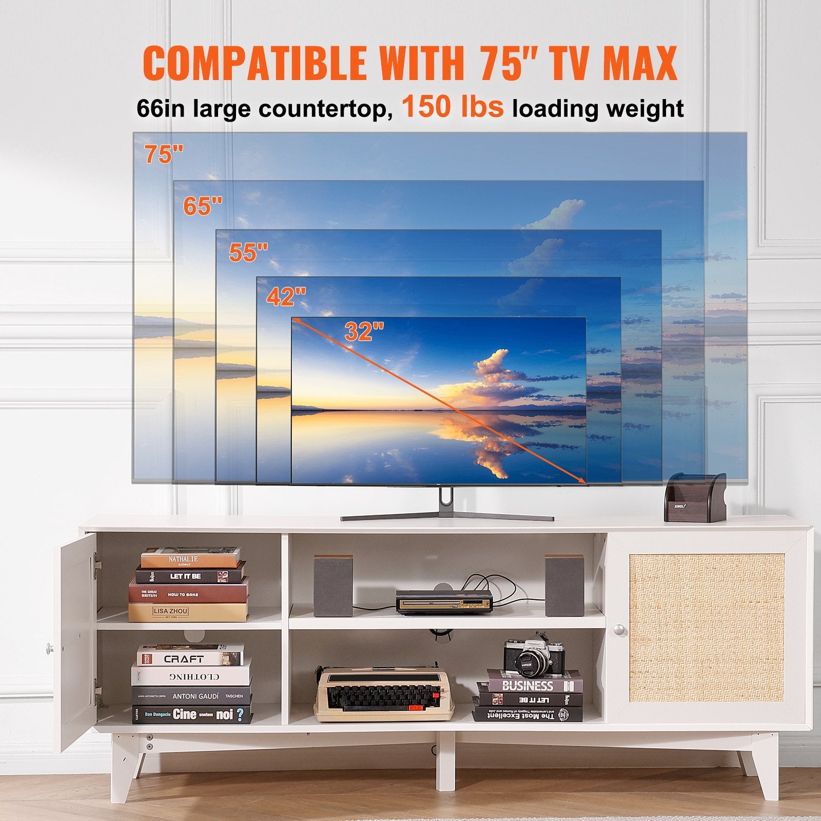 VEVOR Rattan TV Stand for 75" TV Boho TV Stand with Build-in Socket White 