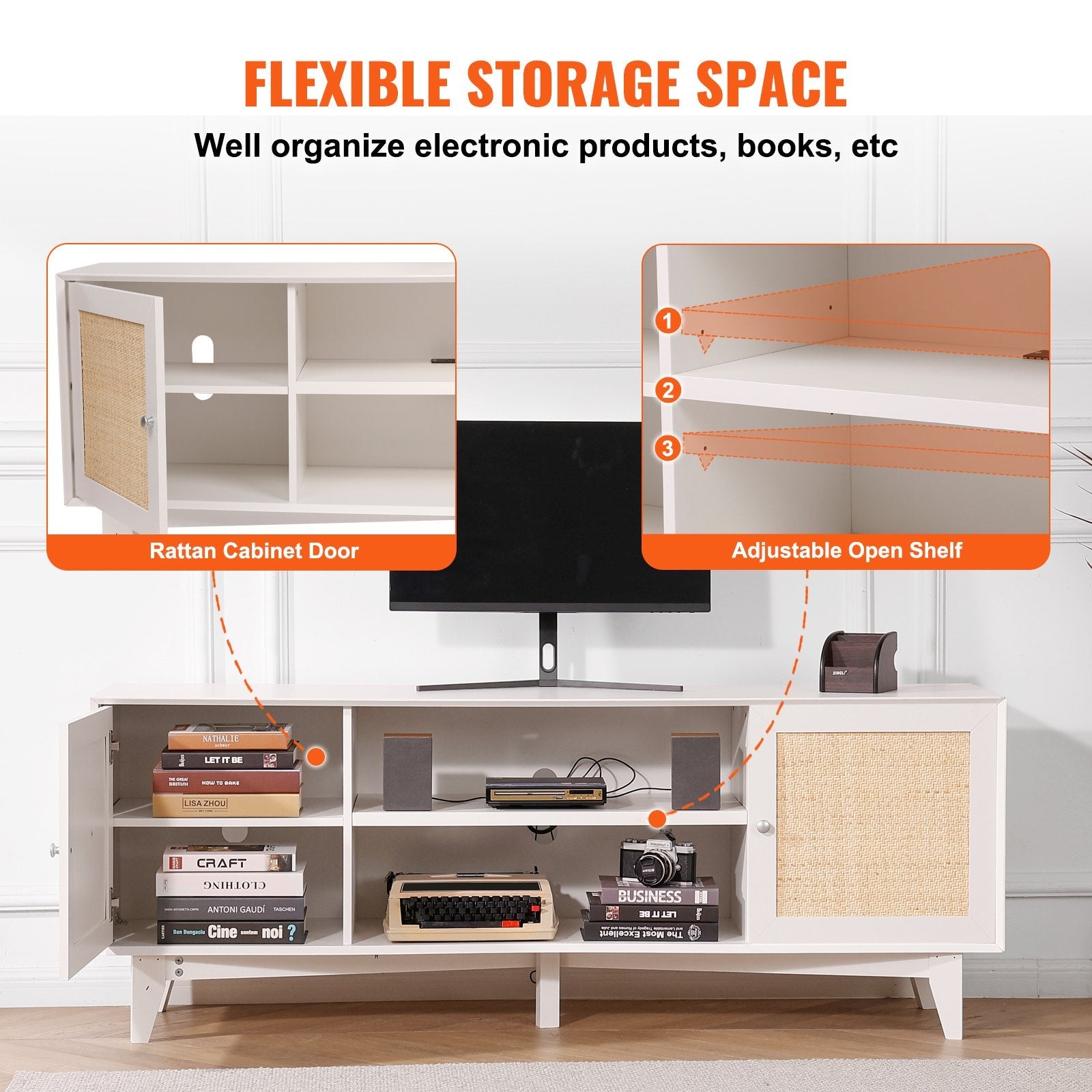 VEVOR Rattan TV Stand for 75" TV Boho TV Stand with Build-in Socket White 