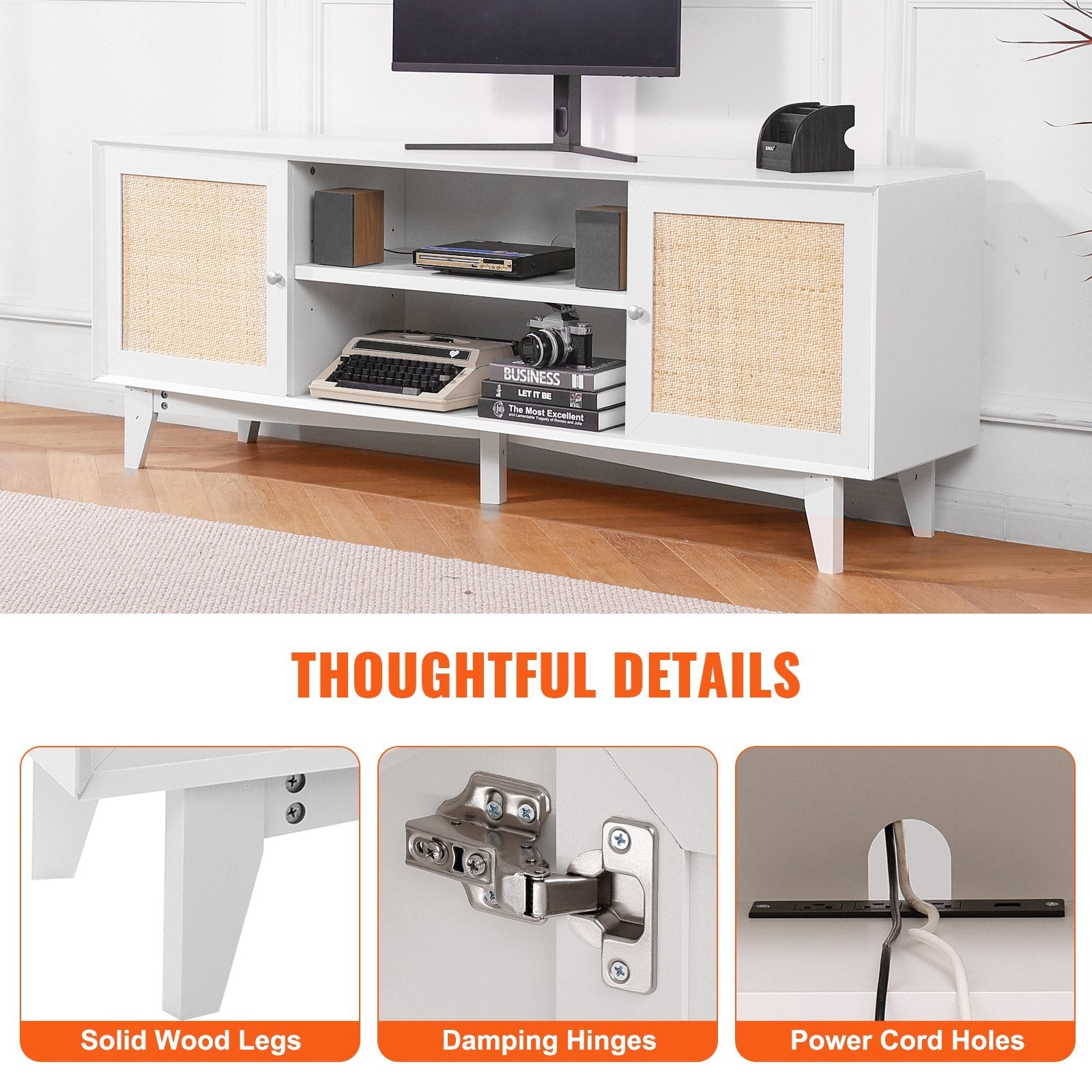 VEVOR Rattan TV Stand for 75" TV Boho TV Stand with Build-in Socket White 