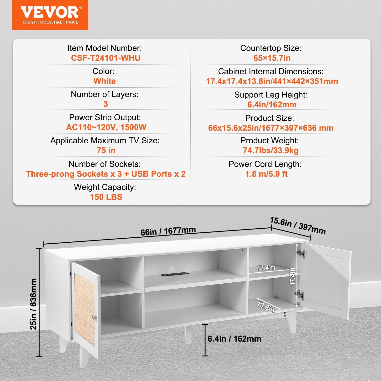 VEVOR Rattan TV Stand for 75" TV Boho TV Stand with Build-in Socket White 