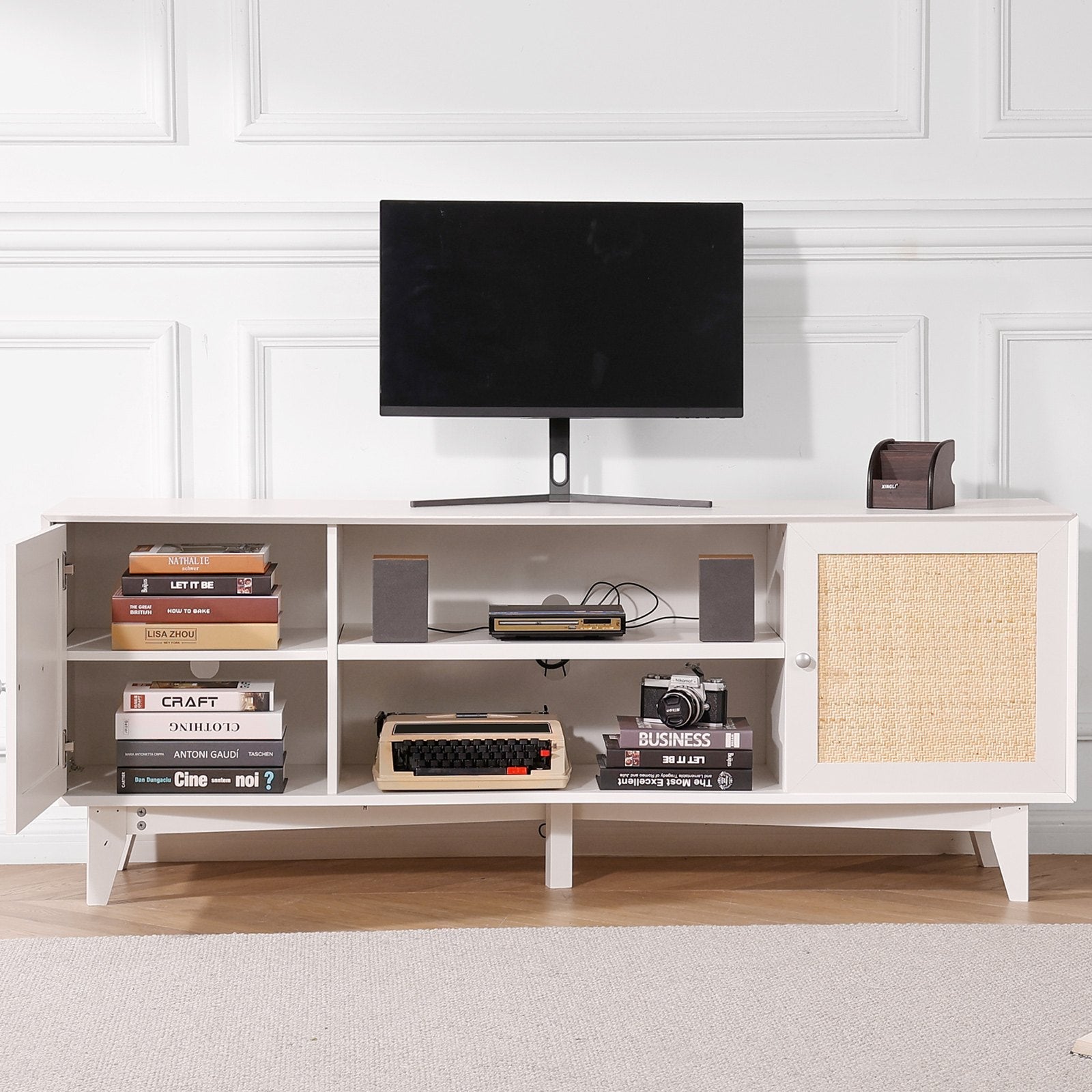 VEVOR Rattan TV Stand for 75" TV Boho TV Stand with Build-in Socket White 