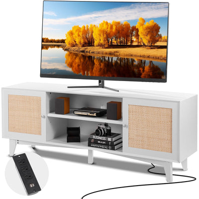 VEVOR Rattan TV Stand for 75" TV Boho TV Stand with Build-in Socket White 