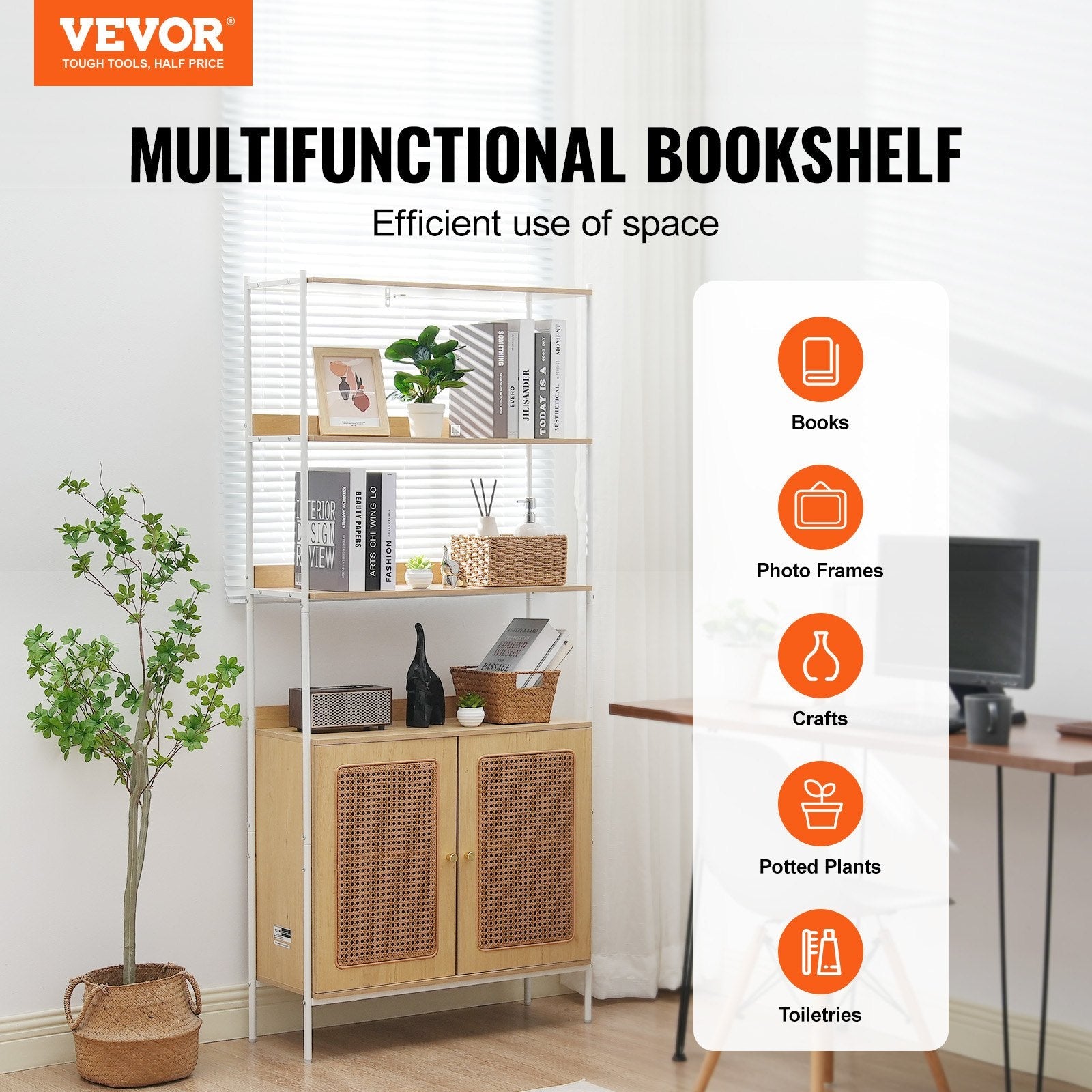 VEVOR Rattan Bookshelf Ladder Shelf with 2 Doors Rectangle Storage Rack Natural 