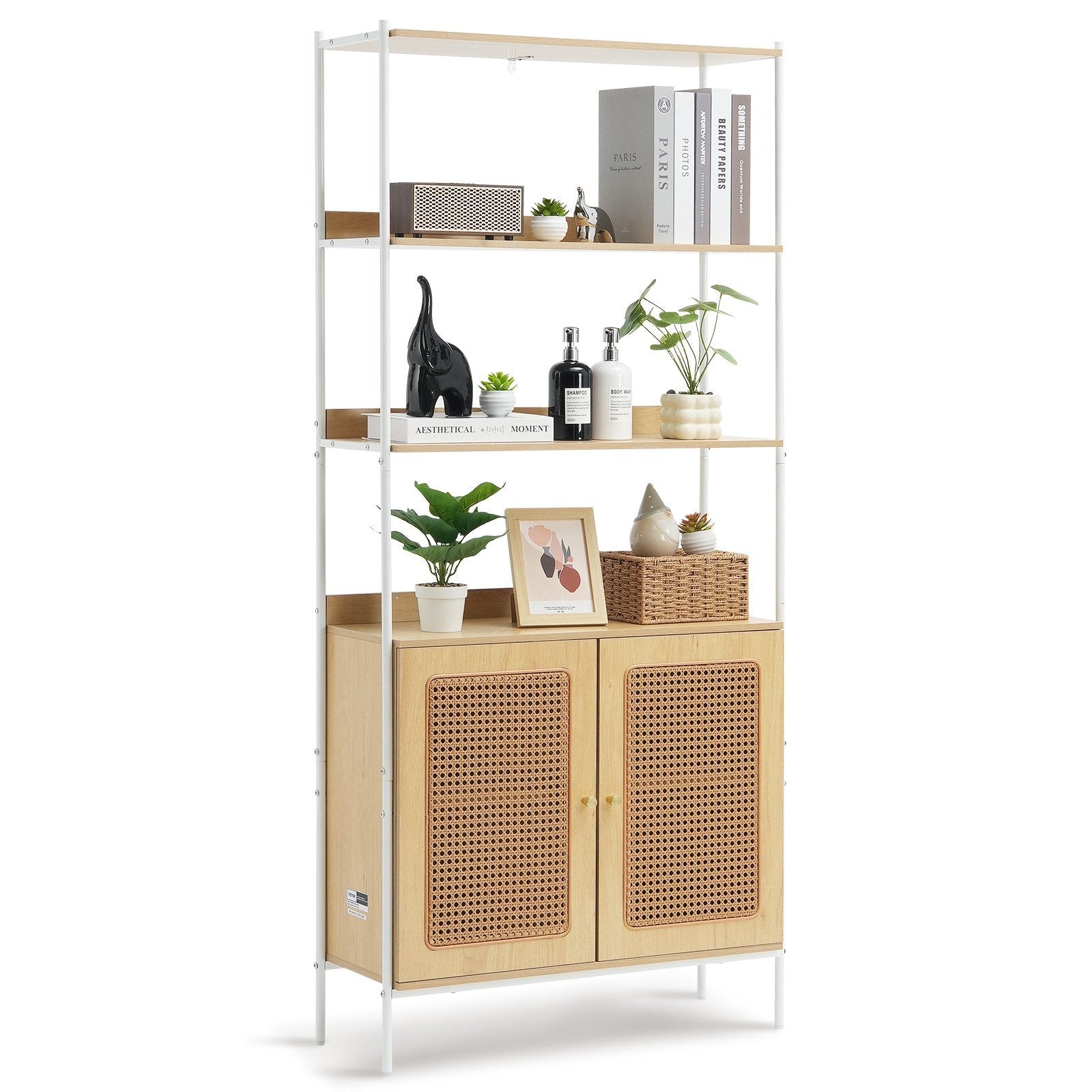VEVOR Rattan Bookshelf Ladder Shelf with 2 Doors Rectangle Storage Rack Natural 