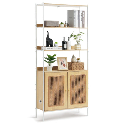 VEVOR Rattan Bookshelf Ladder Shelf with 2 Doors Rectangle Storage Rack Natural 