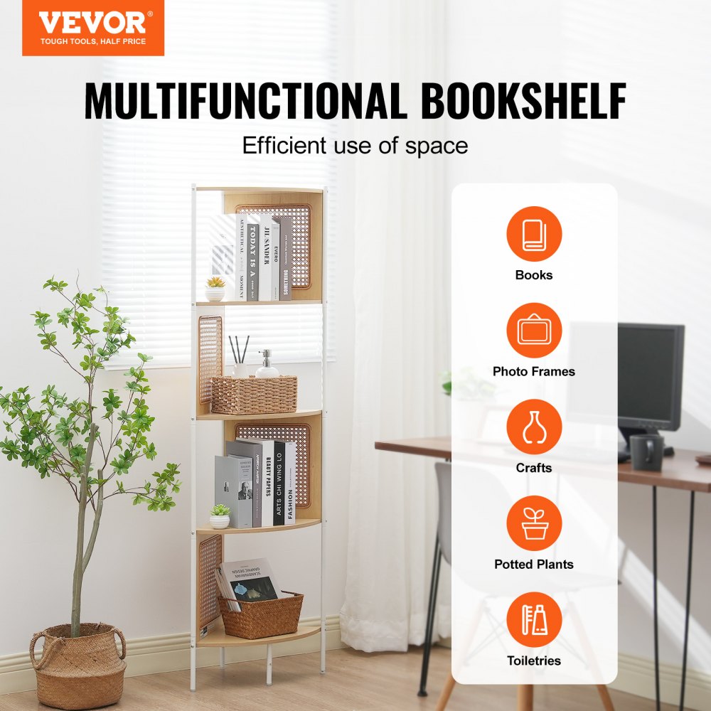 VEVOR Rattan Corner Bookshelf 5-Tier Bamboo Ladder Narrow Shelf Wall Corner Rack 