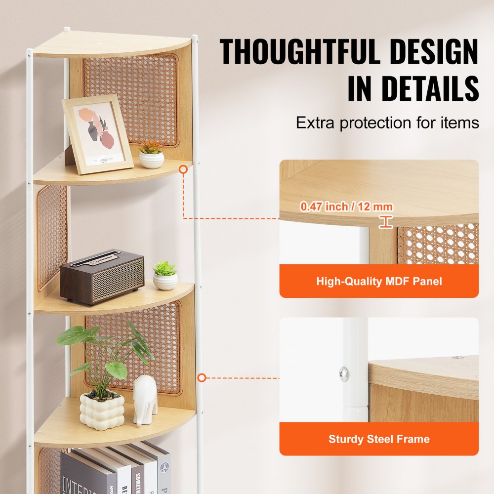 VEVOR Rattan Corner Bookshelf 5-Tier Bamboo Ladder Narrow Shelf Wall Corner Rack 