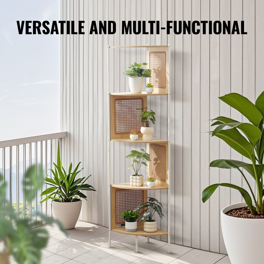 VEVOR Rattan Corner Bookshelf 5-Tier Bamboo Ladder Narrow Shelf Wall Corner Rack 