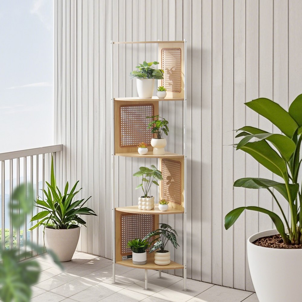 VEVOR Rattan Corner Bookshelf 5-Tier Bamboo Ladder Narrow Shelf Wall Corner Rack 
